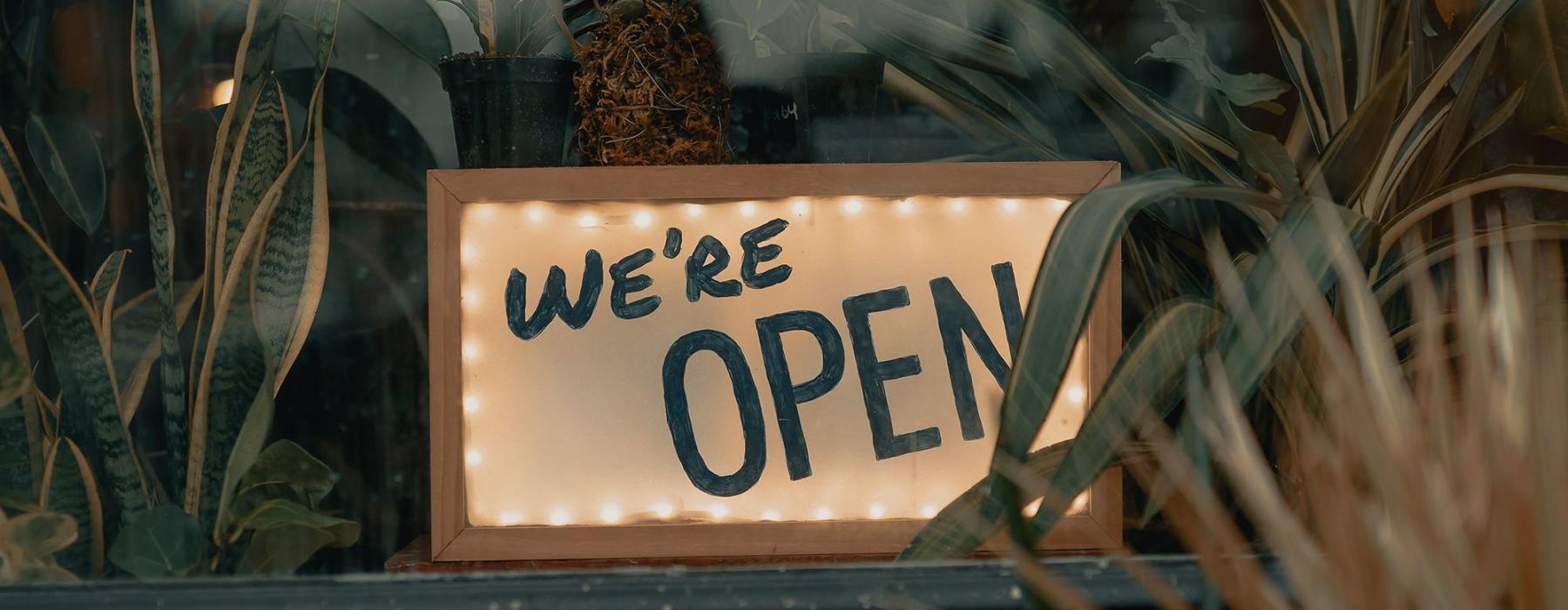 We're Open sign on a window ledge, surrounded by plants